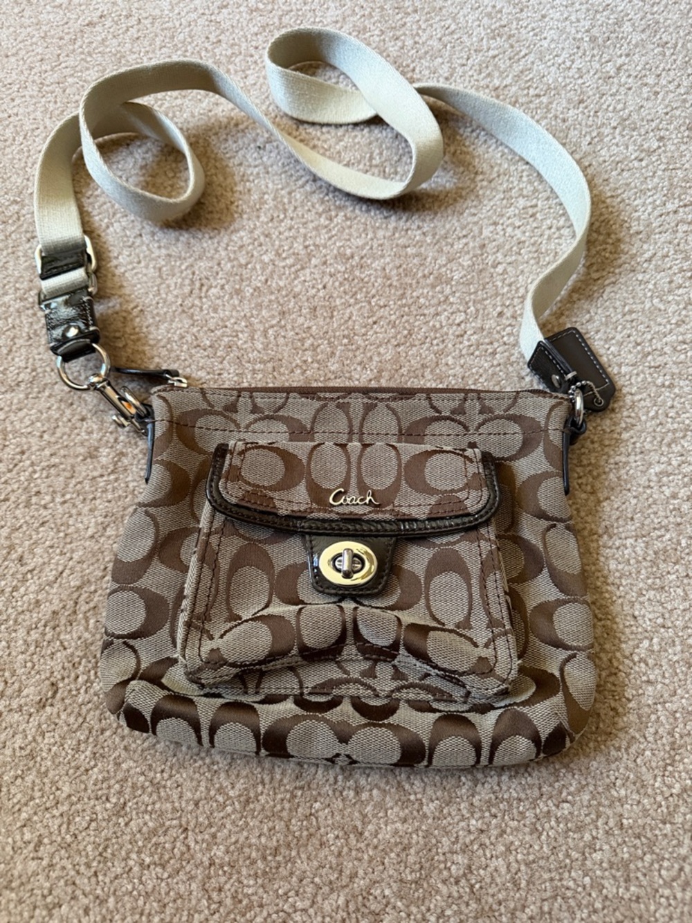 Coach Khaki and Chocolate Signature Canvas Crossbody Bag